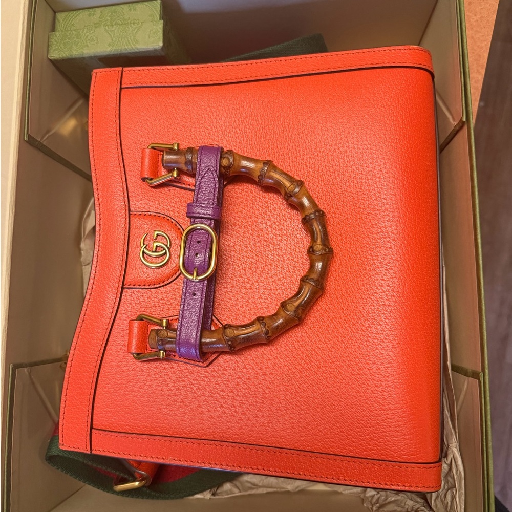 Gucci Orange Pebbled Leather Satchel with Bamboo Top Handle and Purple Strap